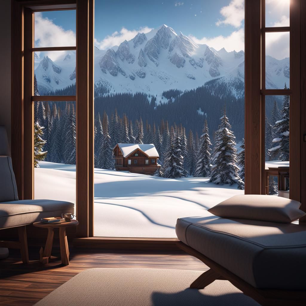 Snowy Mountain View Through Window in 3D Style