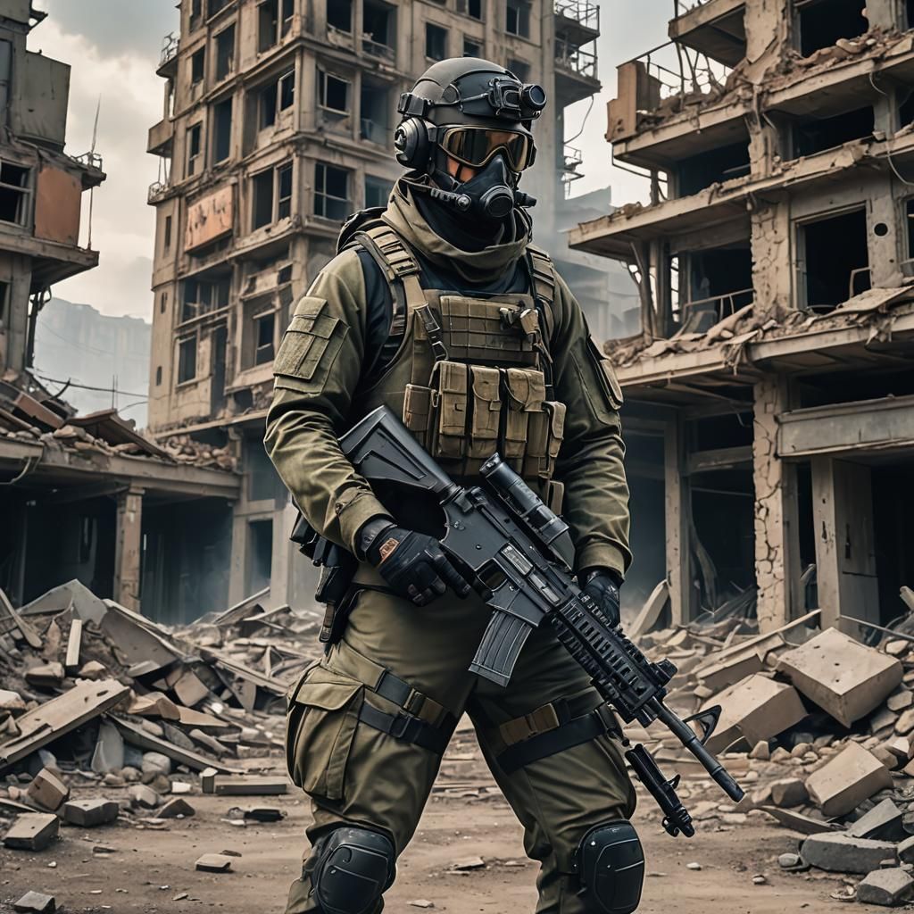 Tactical Soldier in Desert Ruins: Gritty, Futuristic Art