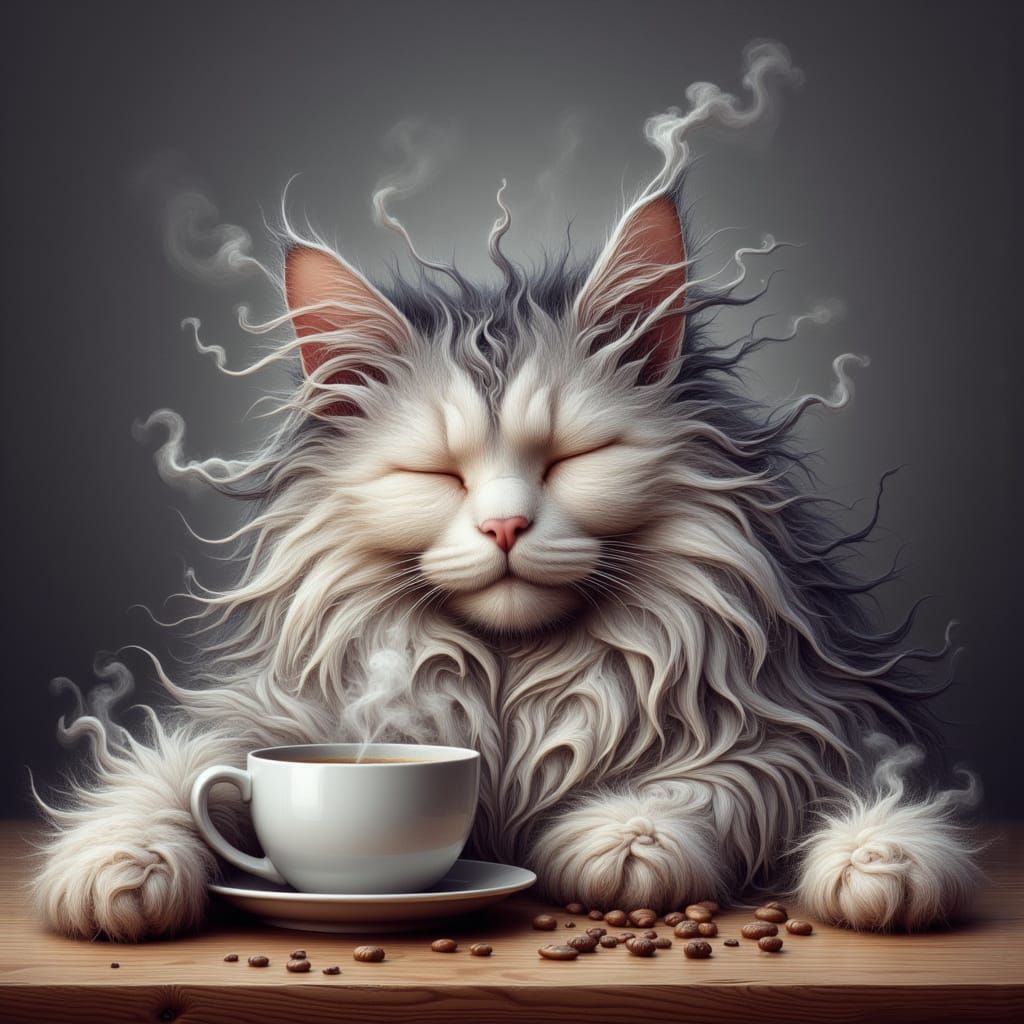 Sleepy Cat Awakens with Coffee