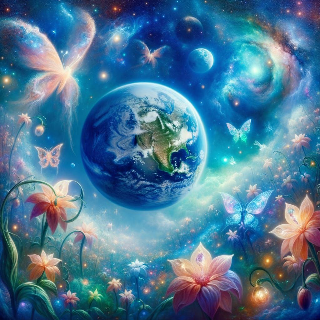 Earth in a Surreal Cosmic Garden, Dreamlike Painting