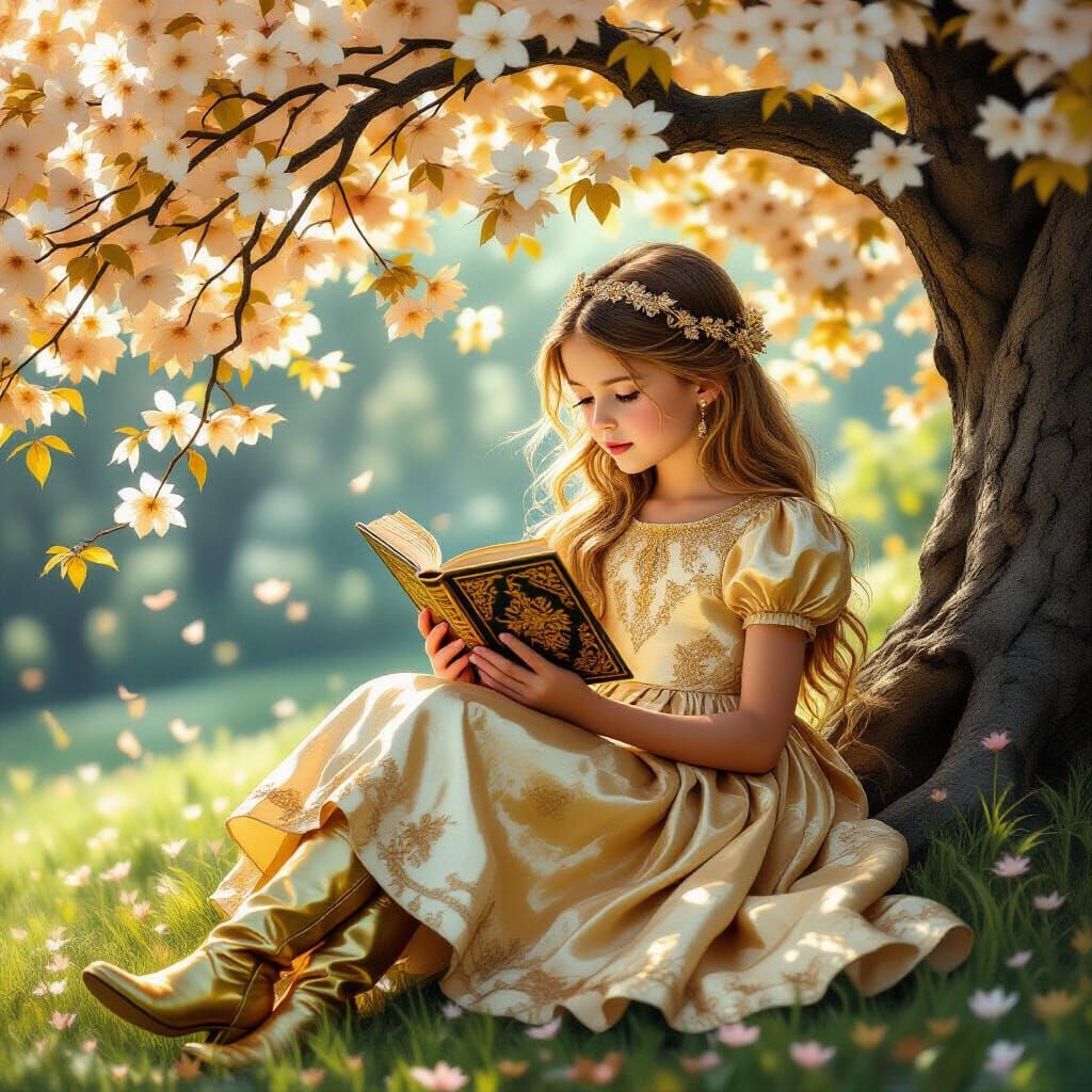 Golden Girl Reading Under a Flowering Tree
