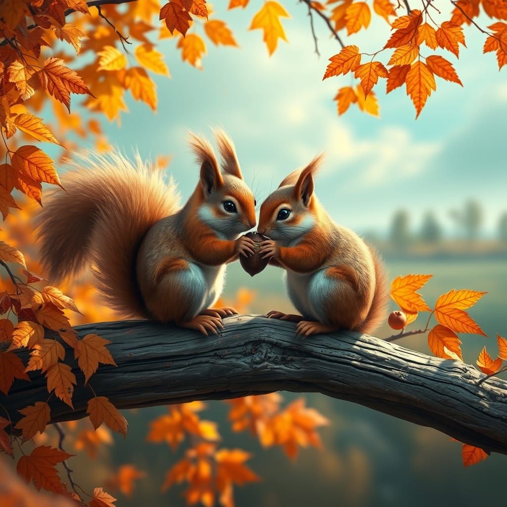 Squirrels Share Acorn in Vibrant Autumn Landscape