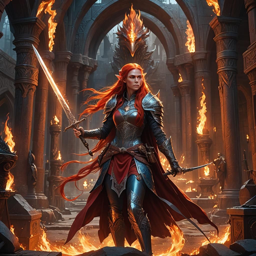 A tall female elf with very long red hair,blue eyes,wearing ...