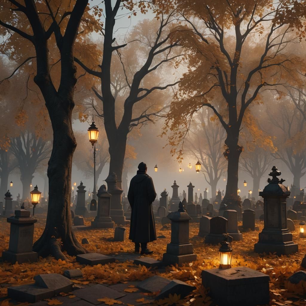 Autumn Cemetery with Lanterns: Fantasy Concept Art