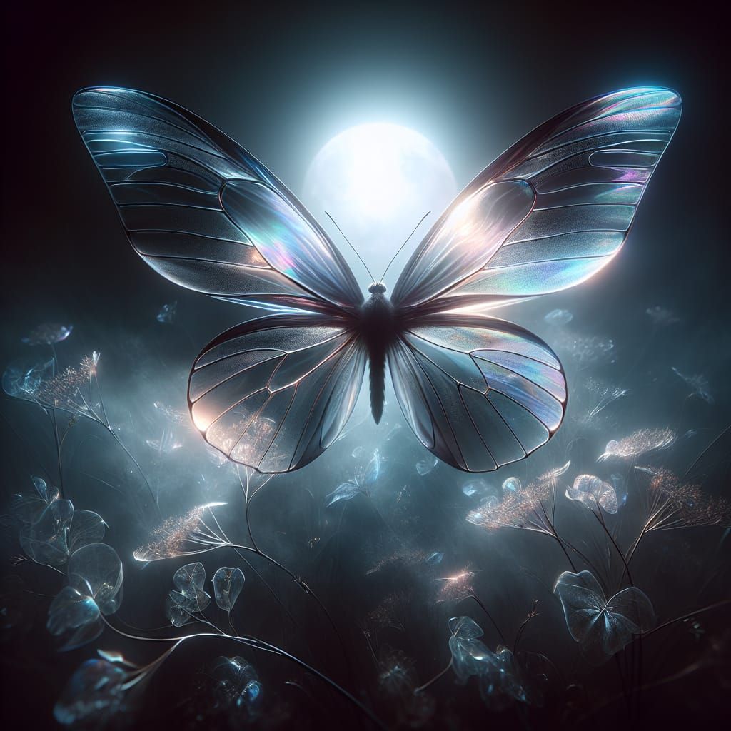 Iridescent Butterfly in Moonlit Fog