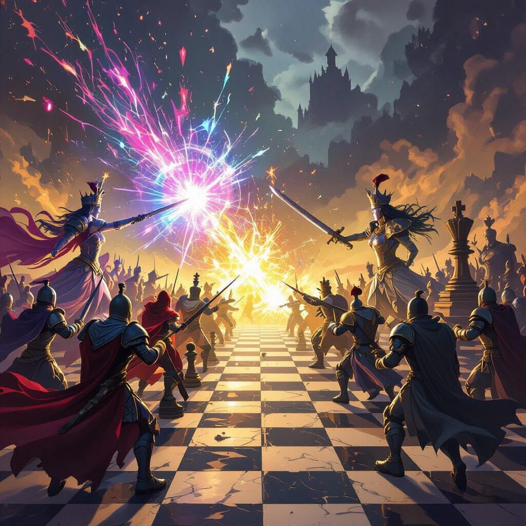 Humanoid Chess Pieces Clash in Magical Battle