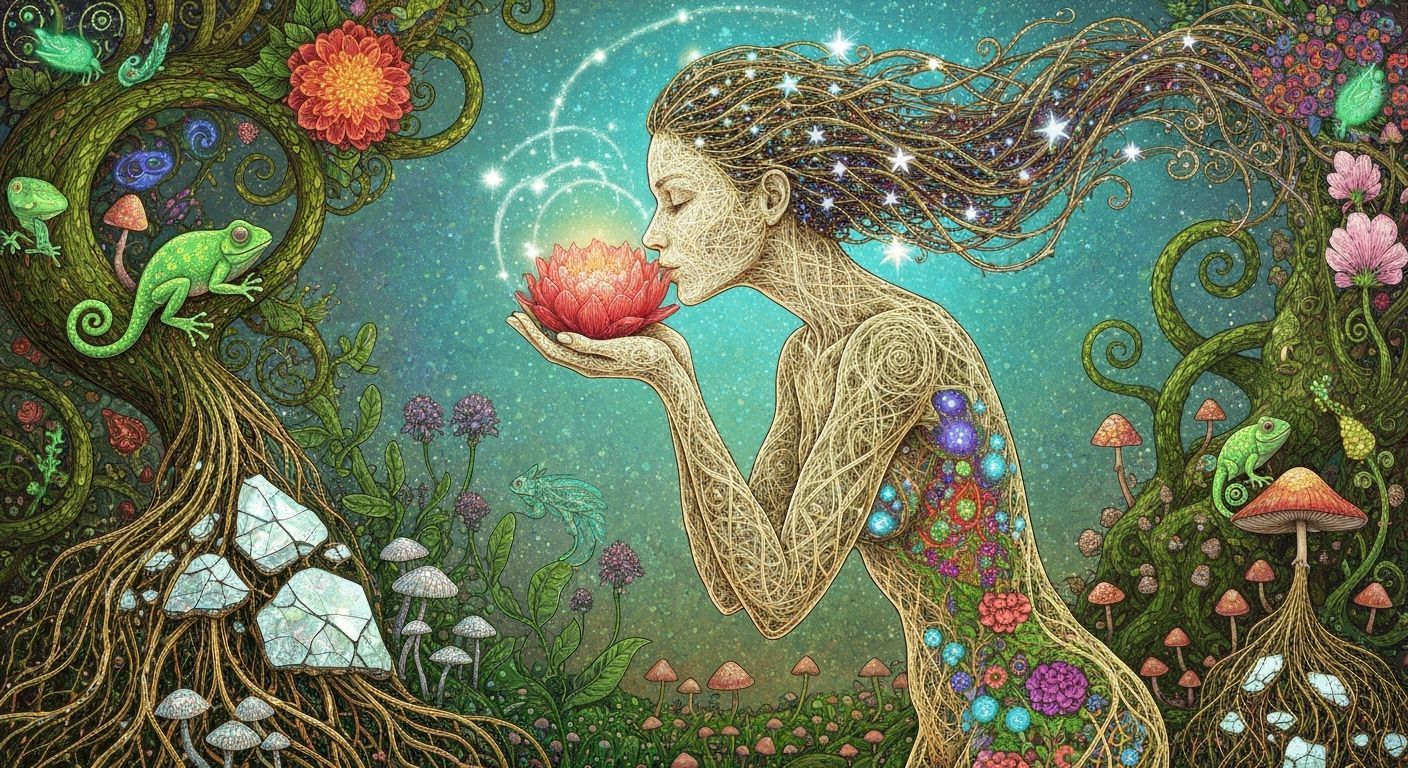 Filigree Woman Merges with Surreal Garden in Ethereal Glow