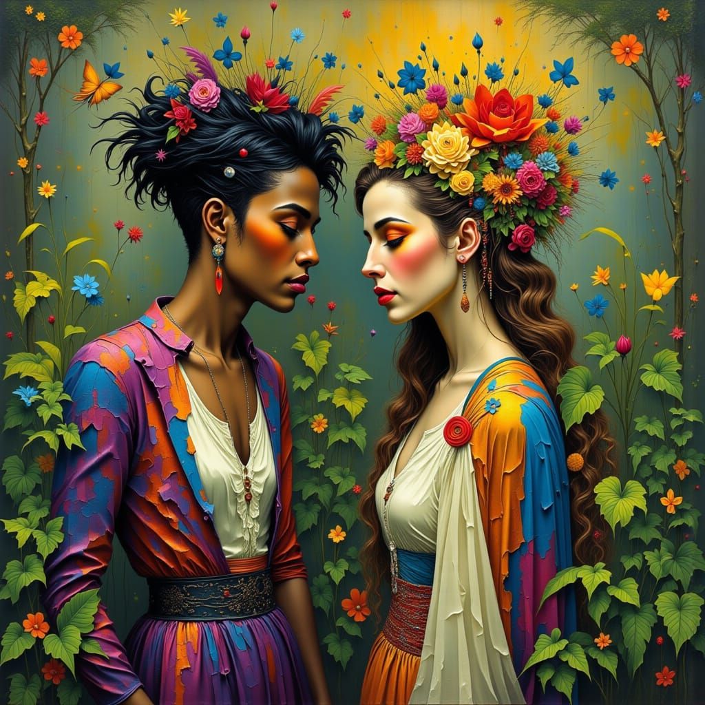 Elegant People Surrounded by Greenery in Art Nouveau Style