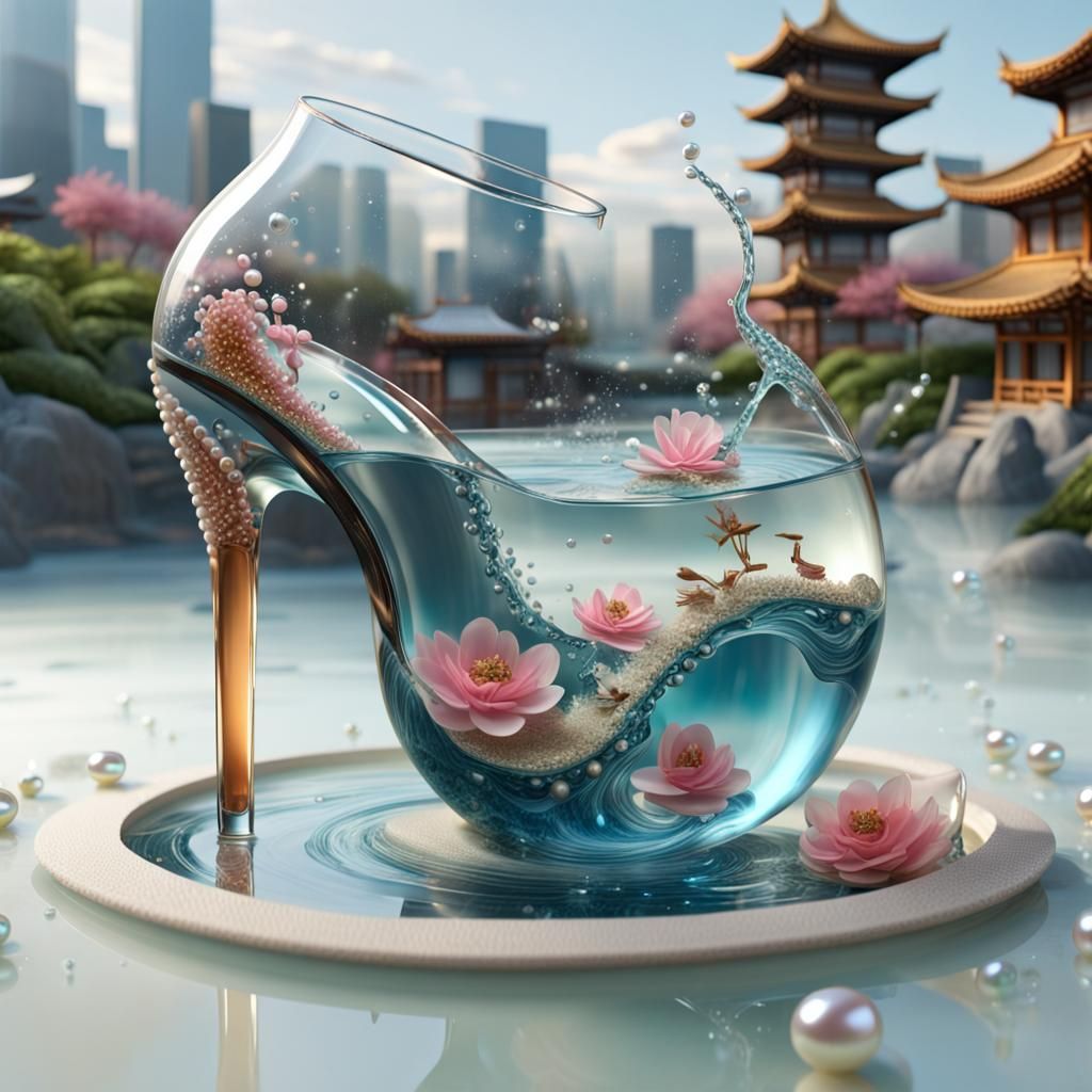 Glass High Heels with Zen Garden in Cityscape