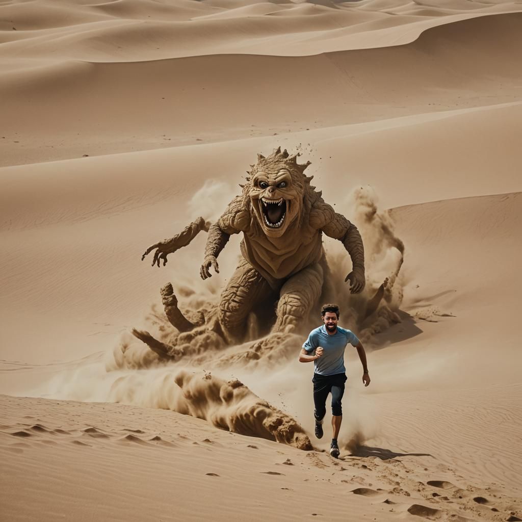 Man Fleeing Sand Monster in Arid Desert