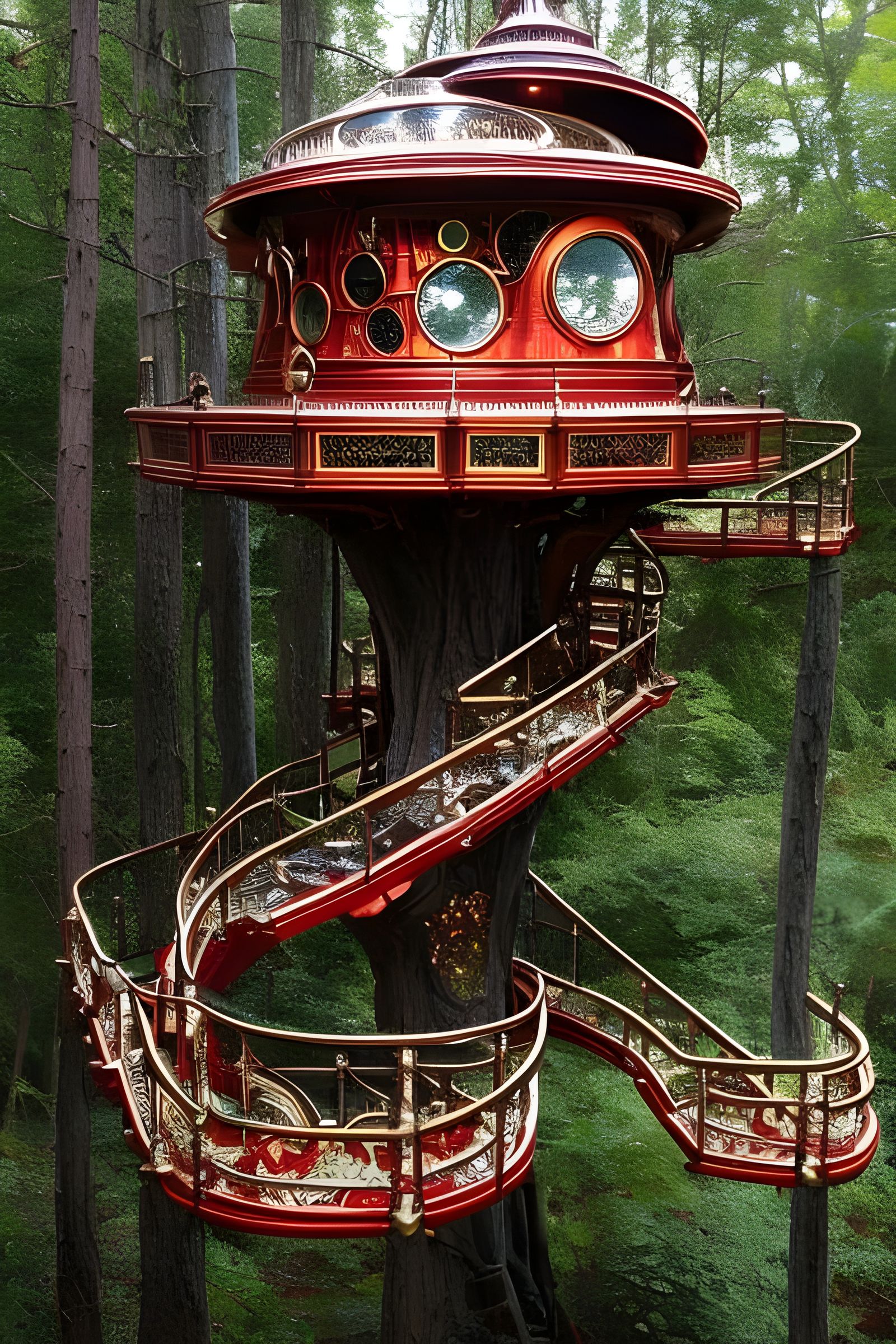 Ornate Sci-Fi Treehouse in Metallic Forest