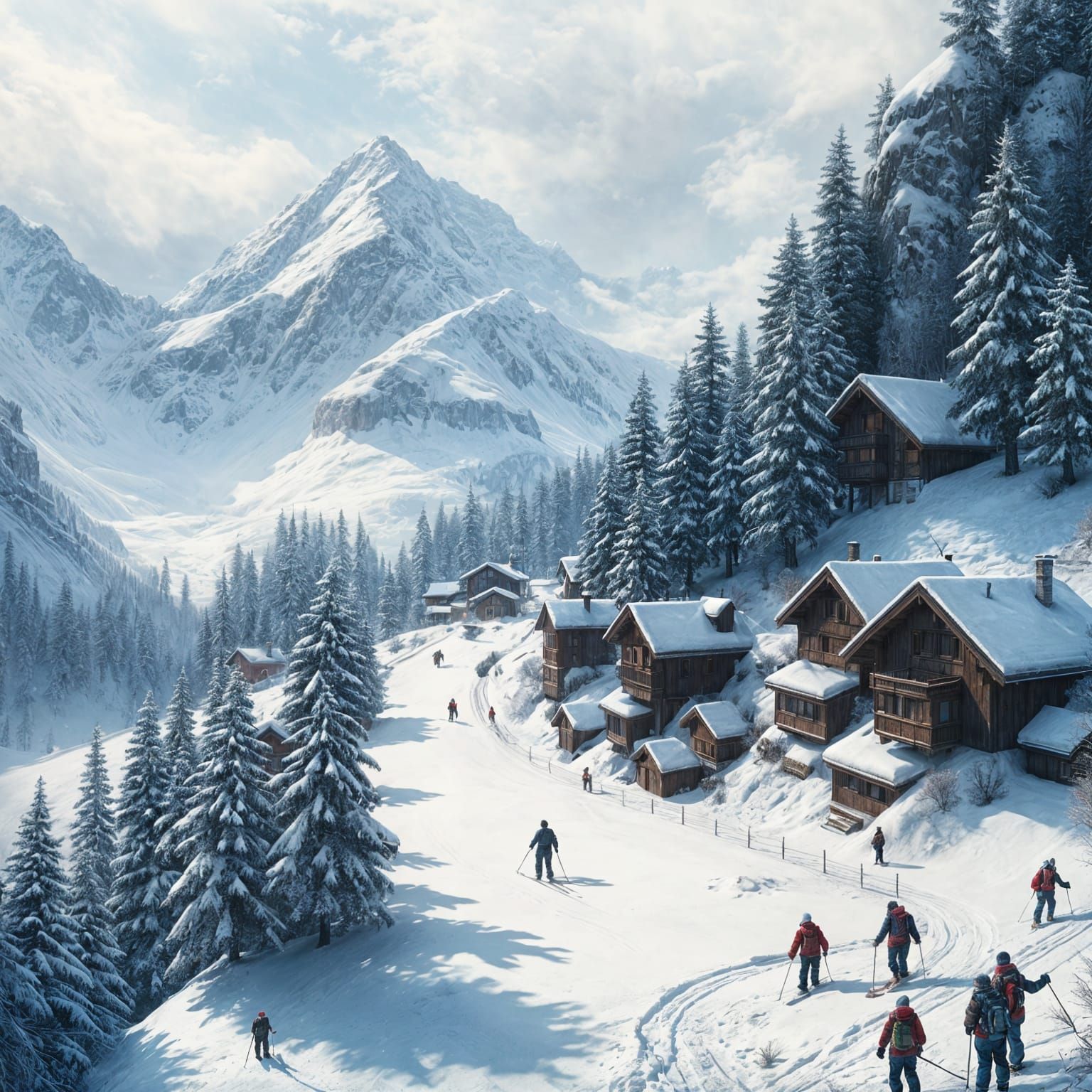 Snowy Swiss Landscape with Skiers: Charcoal Drawing