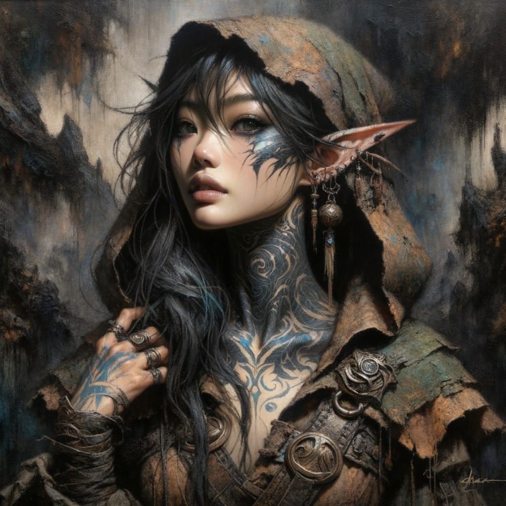 Ethereal Ranger in Earth-Toned Armor Against Dark Mountains