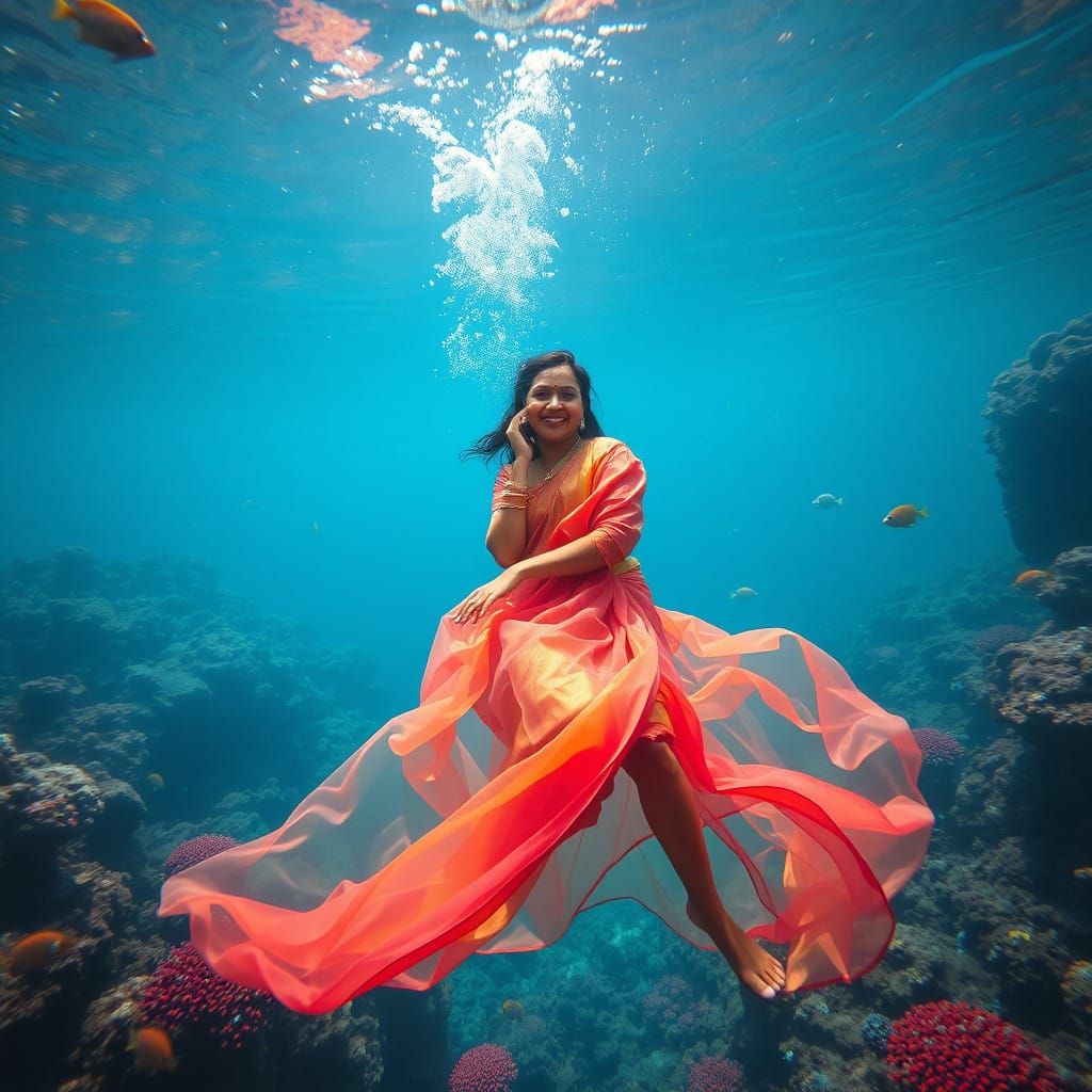 Serene Tamil Goddess Swims Through Vibrant Coral Reefs