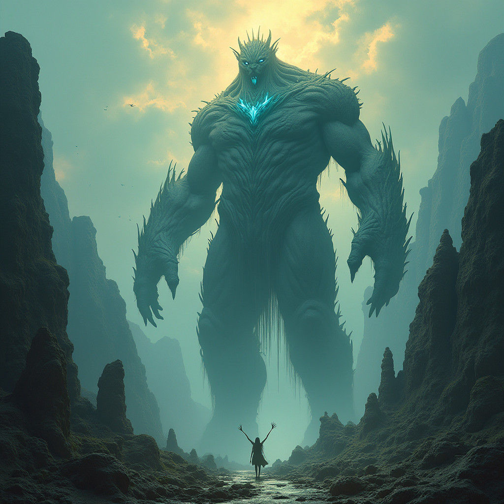 Giant Overlord on Mystical Mountain in Matte Painting