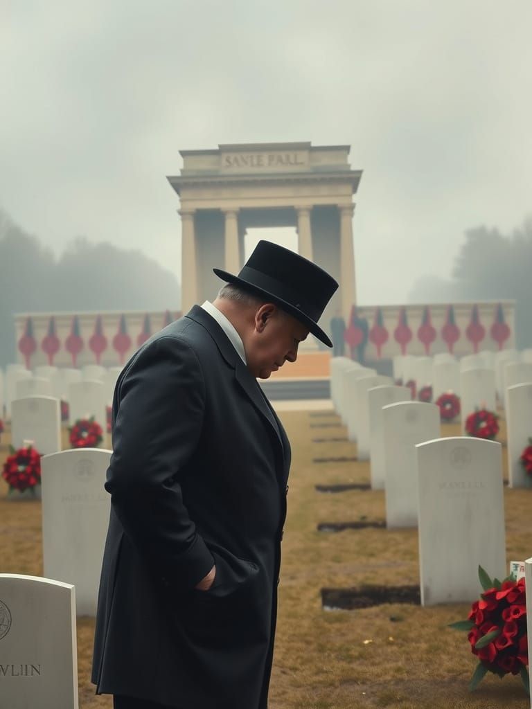 War Cemetery. Winston Churchill bows before the memorial to soldiers who died in all wars