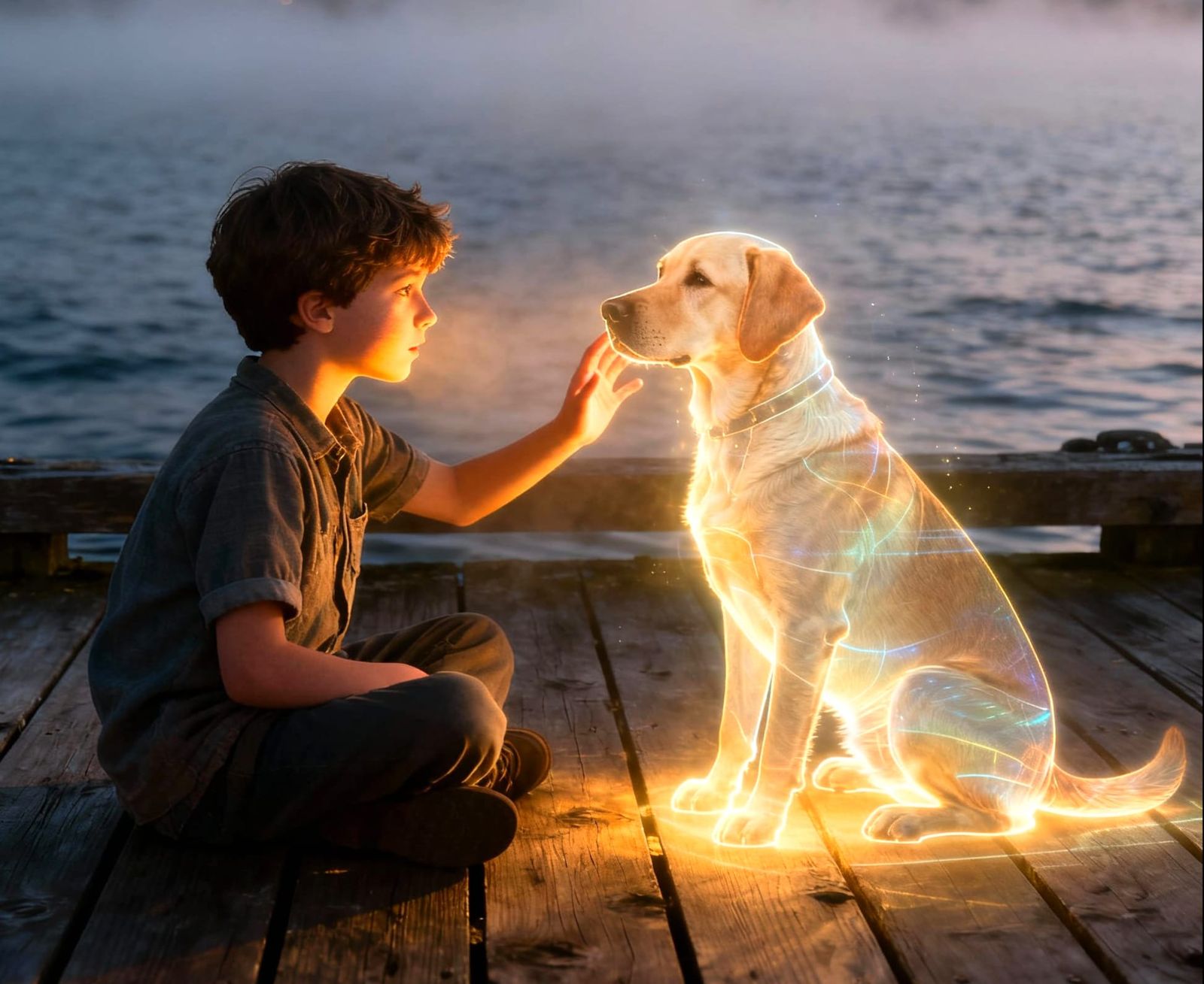 Boy Reaches for Holographic Dog on Wharf