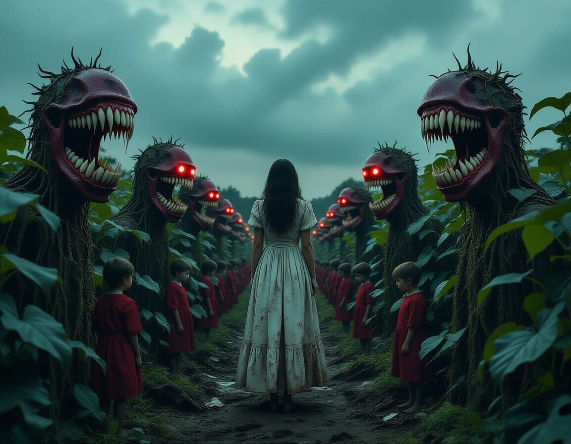 Nightmarish Garden of Teeth and Sinister Figures