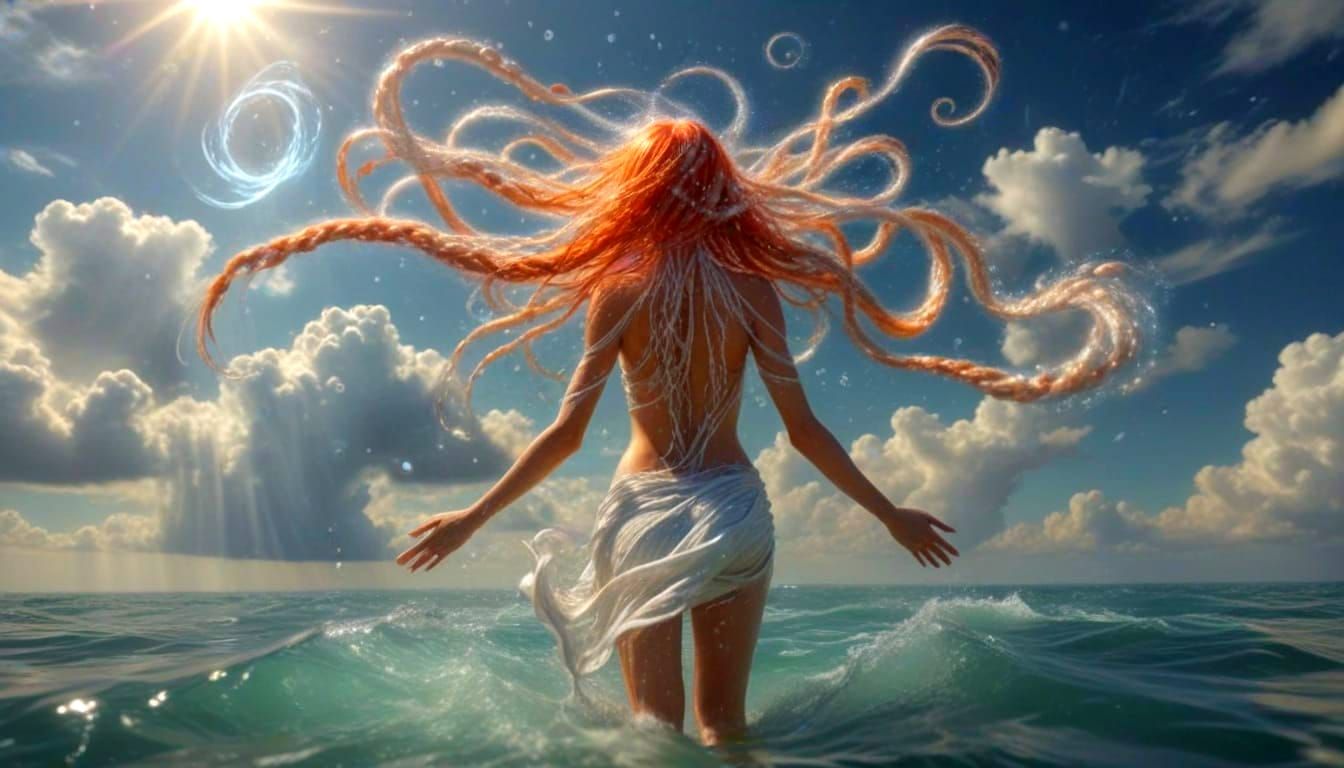 Woman with Braids in Stormy Waters, Celestial Portal