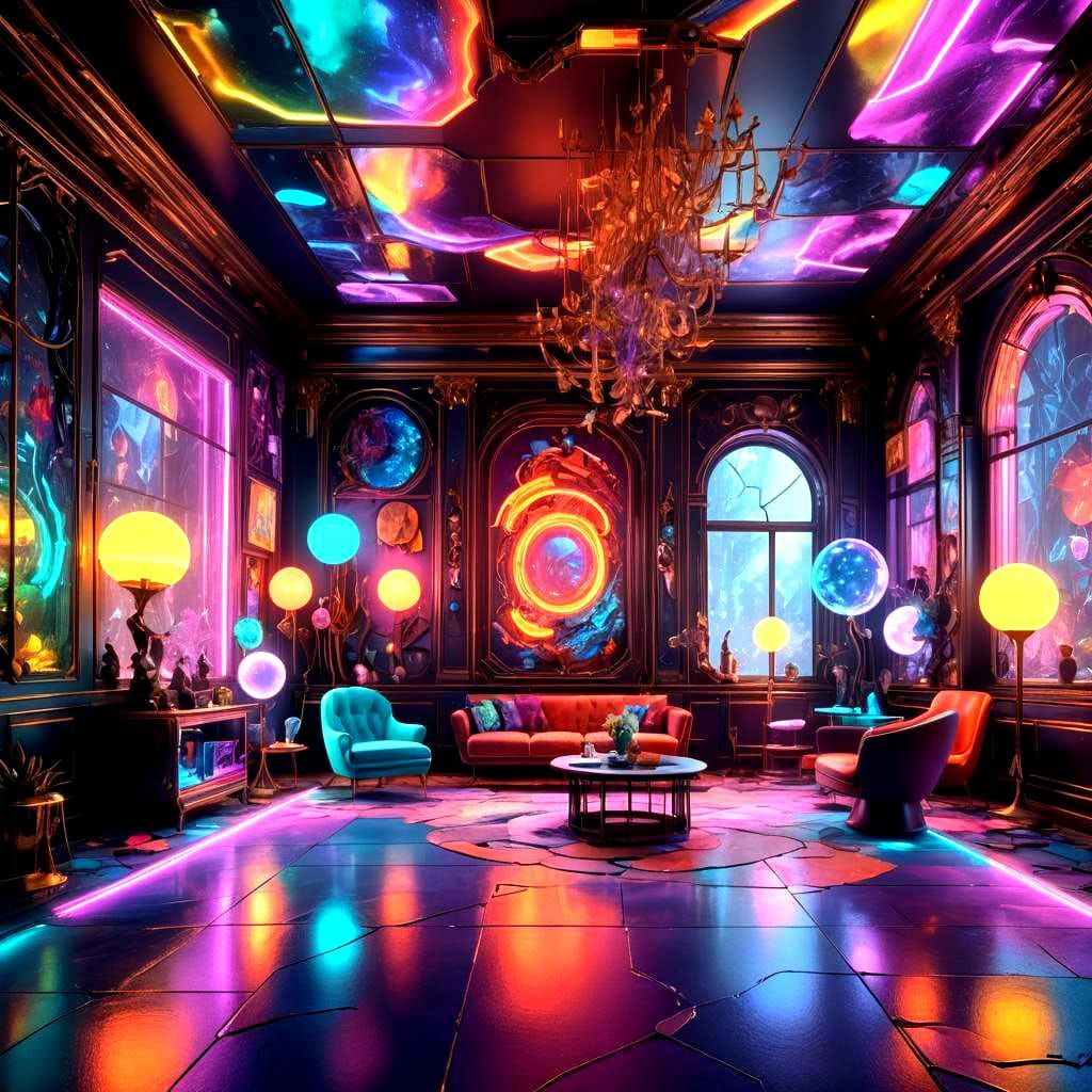 Iridescent Glass Room with Unusual Art in Neon Colors