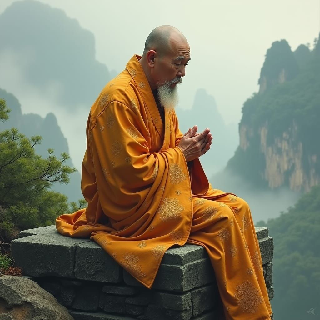 Hyperrealistic Image of a Chinese Monk