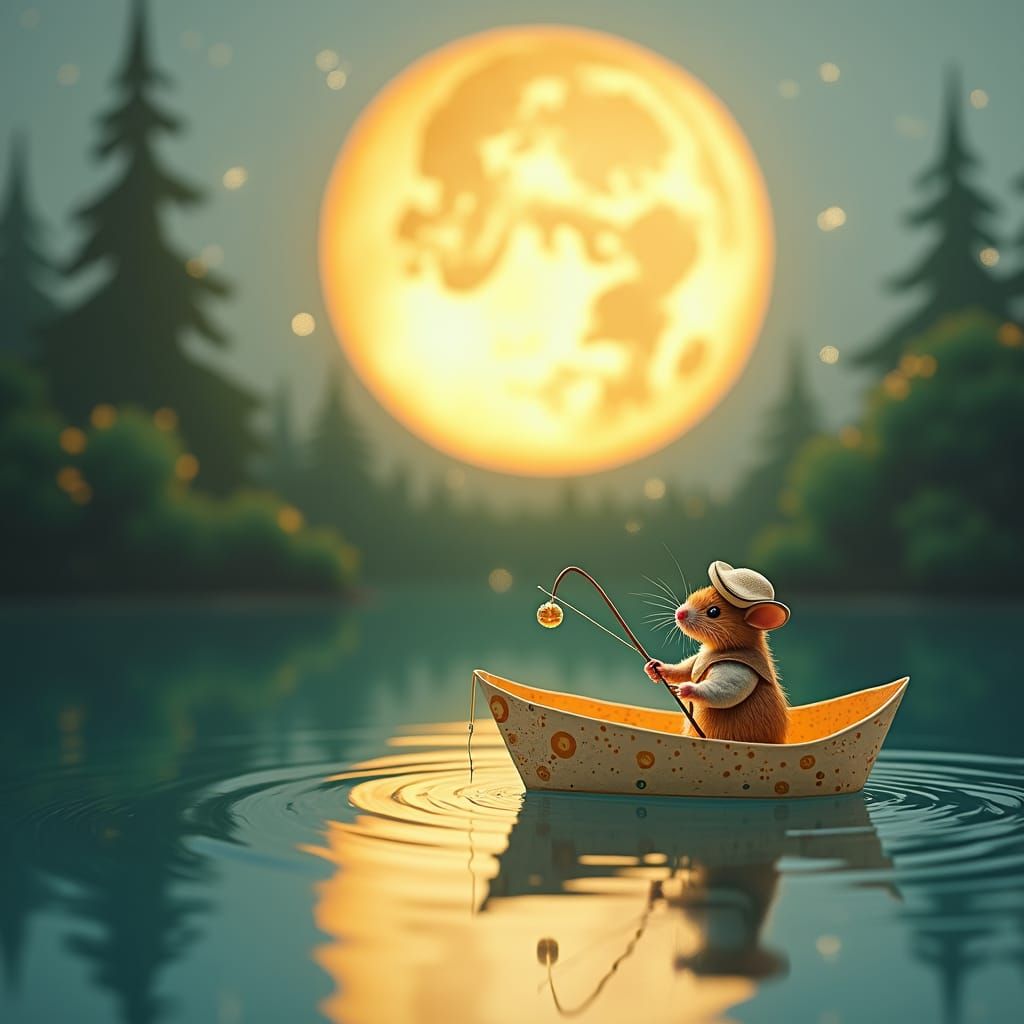 Mouse on a Lake in Paper Boat