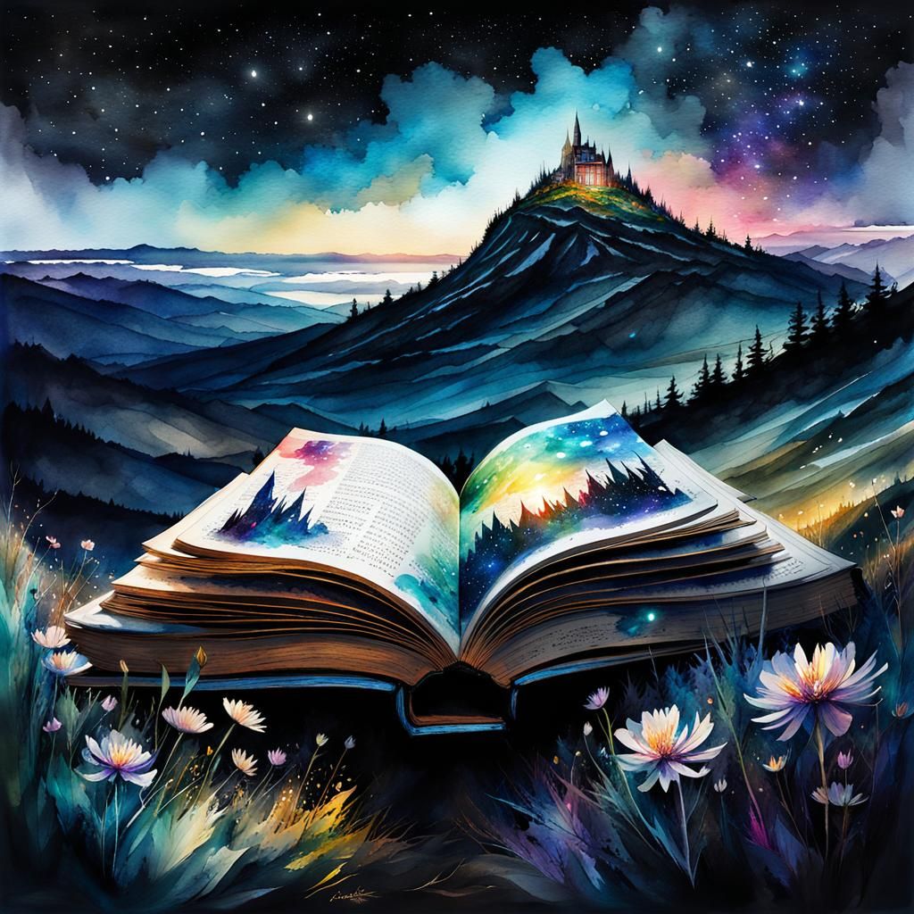 Fantasy Book Under Galaxy Sky: Watercolor Illustration