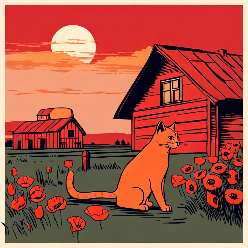 Orange Cat in Soviet Farm at Sunset