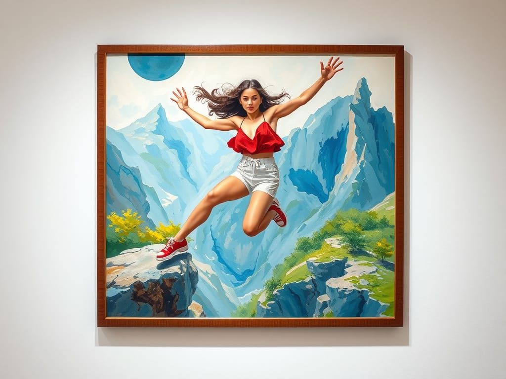 Woman Leaps Over Ravine in Impressionist Gouache Style