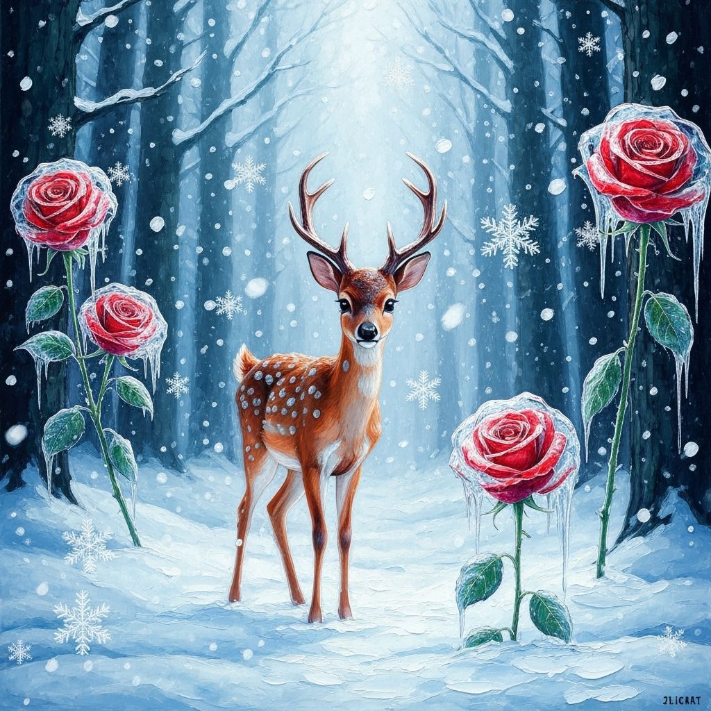 Surreal Snowy Forest With Ice Roses and Deer