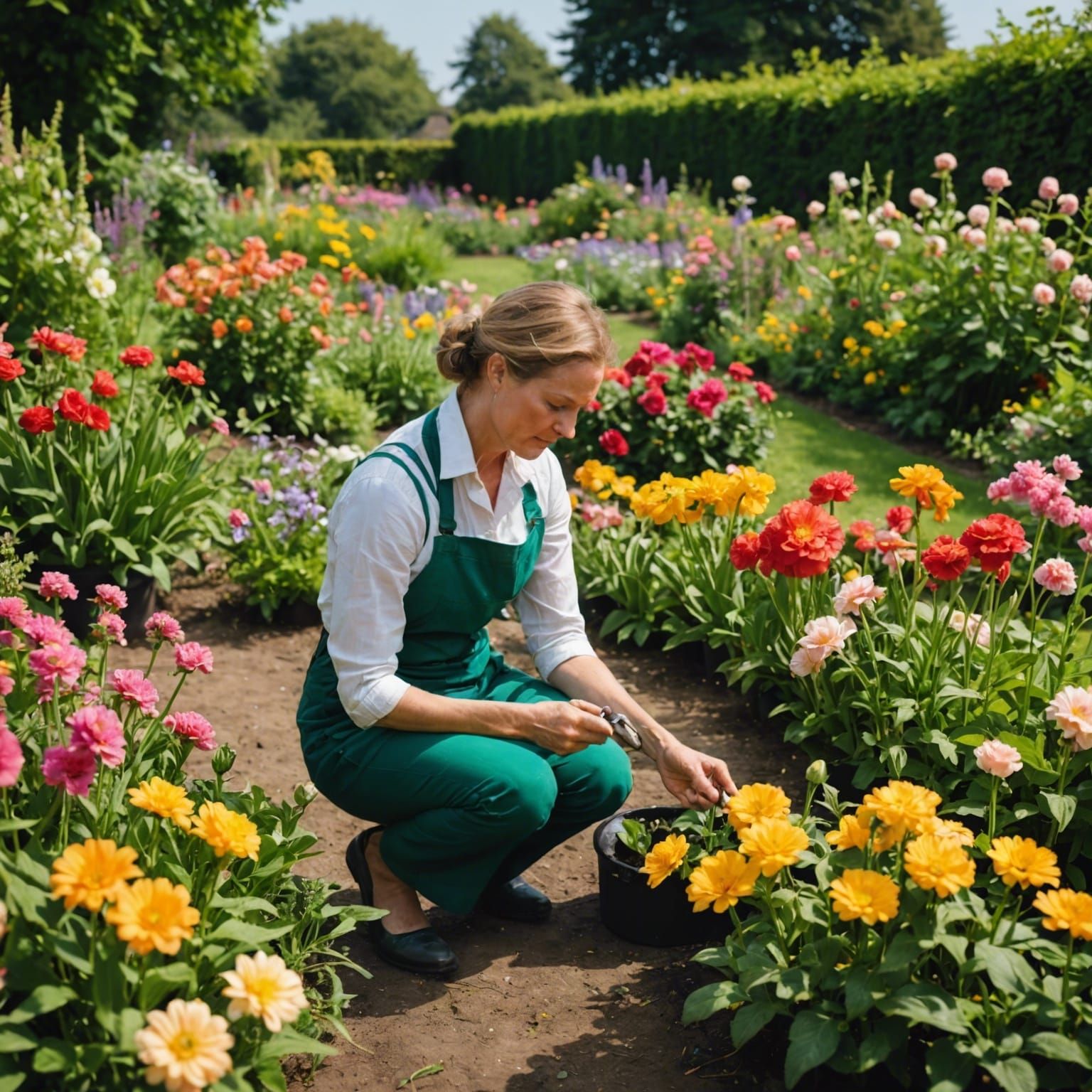 Woman tending a vibrant flower garden
