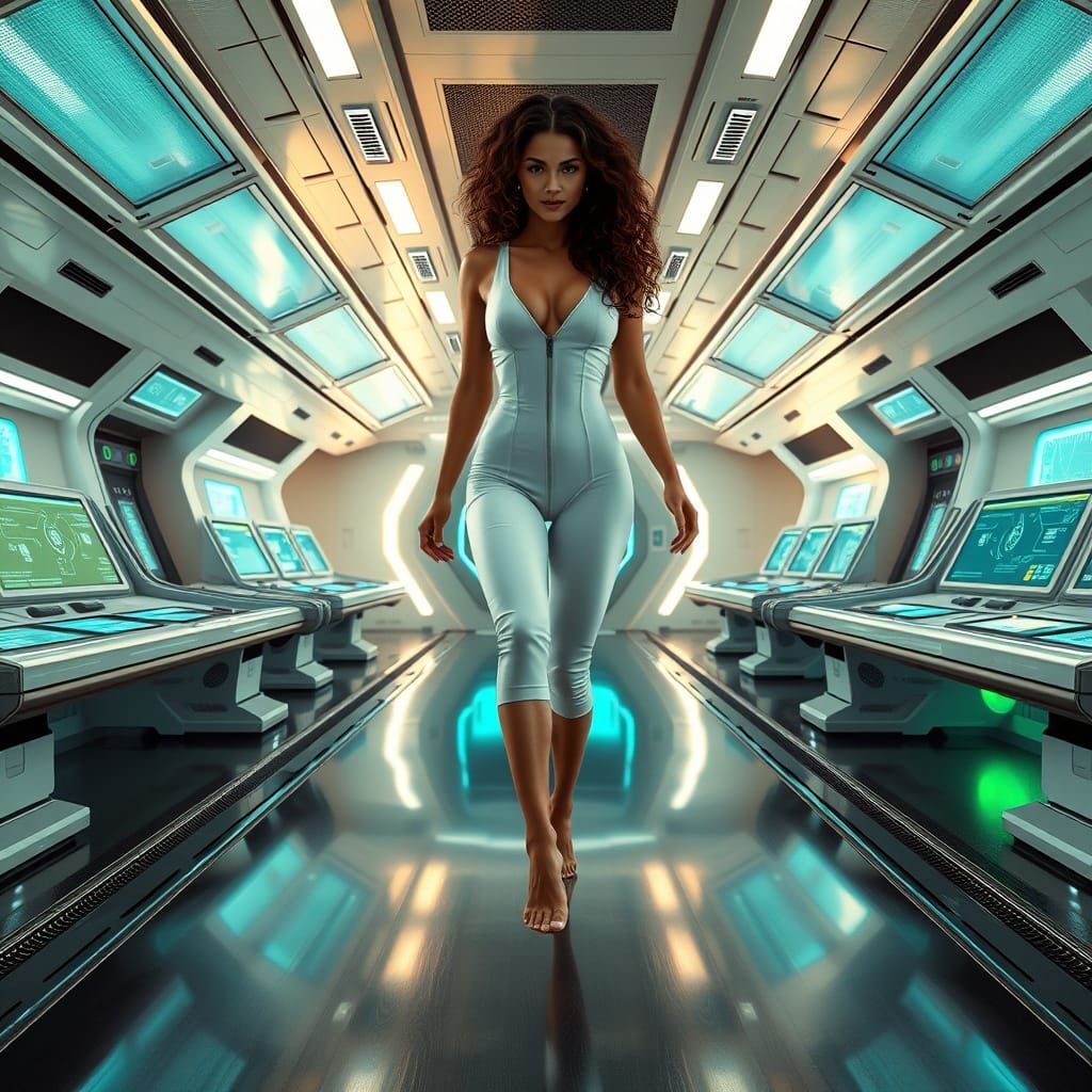 Sleek Spaceship Command Center with Barefoot Beauty