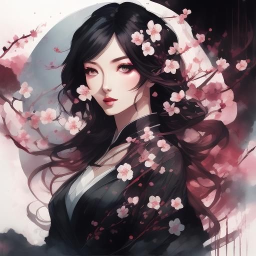 Double Exposure Portrait of Girl with Plum Blossoms