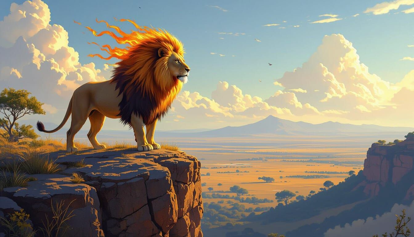Fiery Lion Overlooking Savanna, Digital Painting