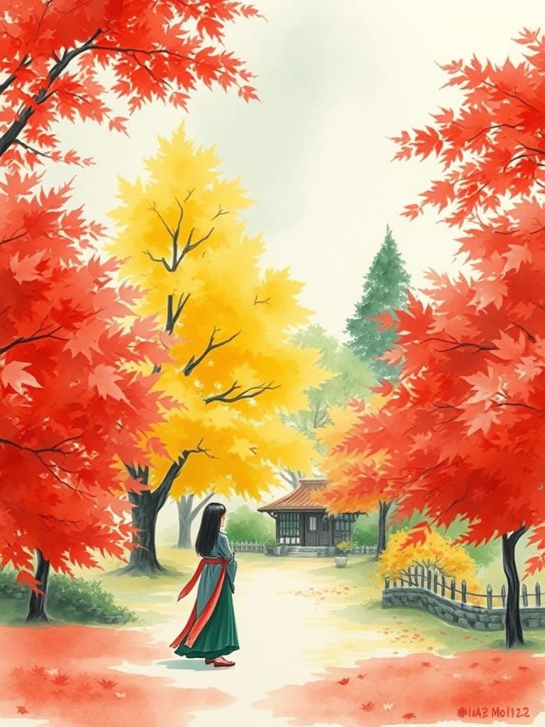 Elegant Lady Stands Alone in Vibrant Autumn Garden