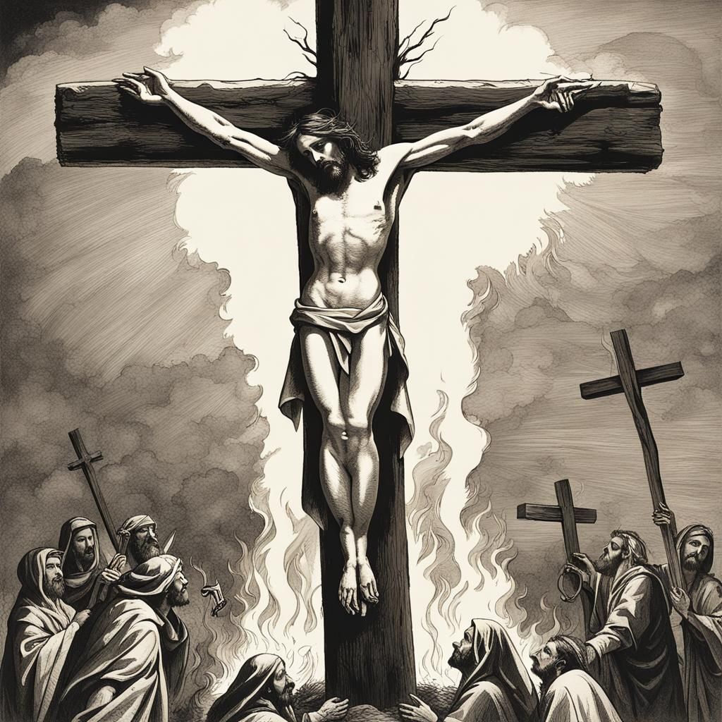 Crucifixion Scene Juxtaposed with Witch Burning