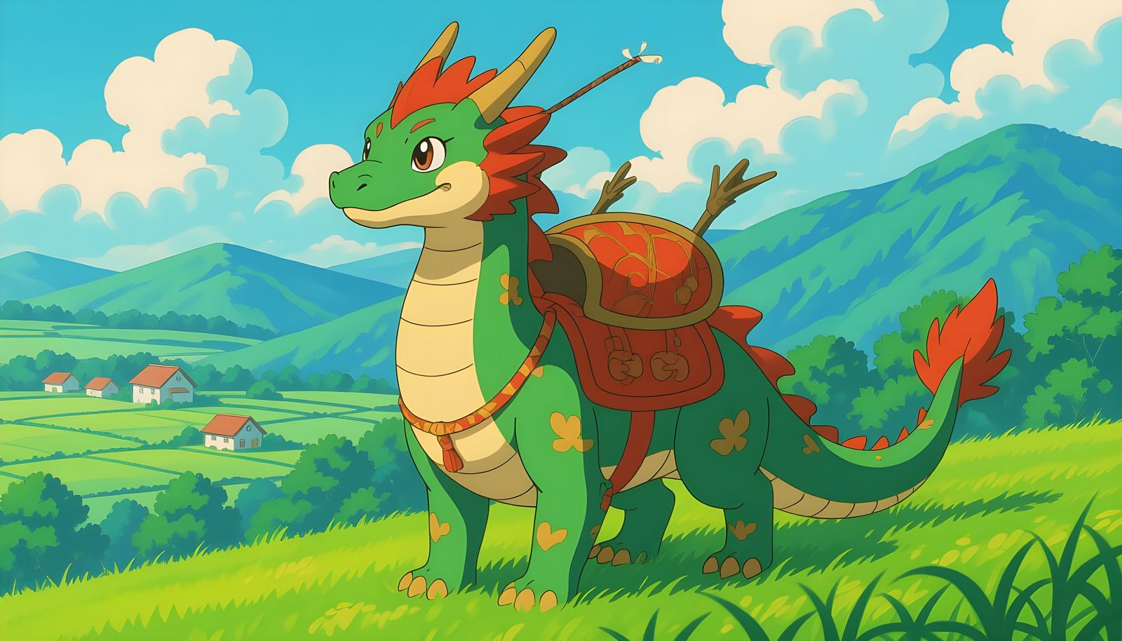 Cute Eastern Dragon with Saddle, Studio Ghibli Style