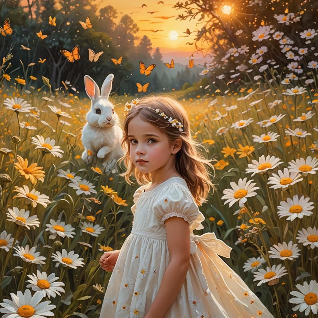 Girl with Bunny in Daisy Field: Fantasy Matte Painting