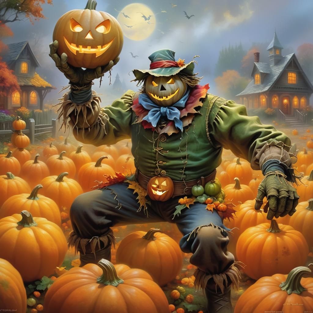 Ethereal Scarecrow and Gourds in Misty Landscape