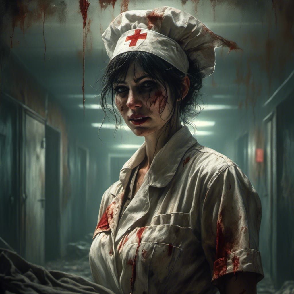 Bandaged Nurse in Abandoned Hospital with Flickering Lights