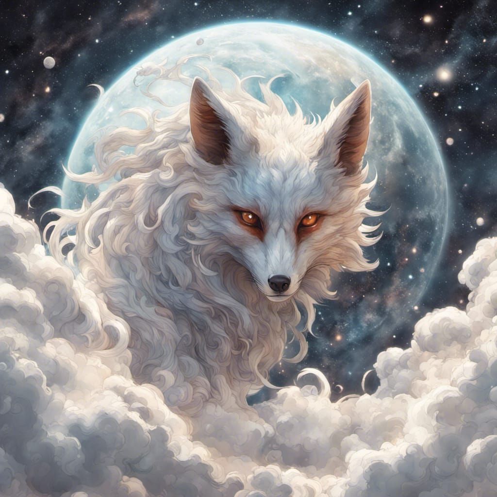 Nine-Tailed Fox Leaping Through Space, Watercolor Style