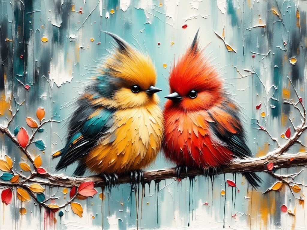 Watercolor Birds in Grunge Punk Winter Scene