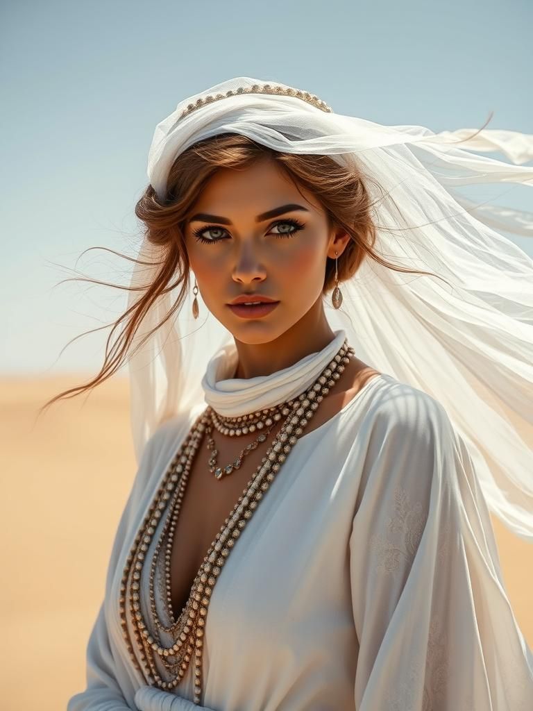 Bohemian Dune Princess in White Desert Attire