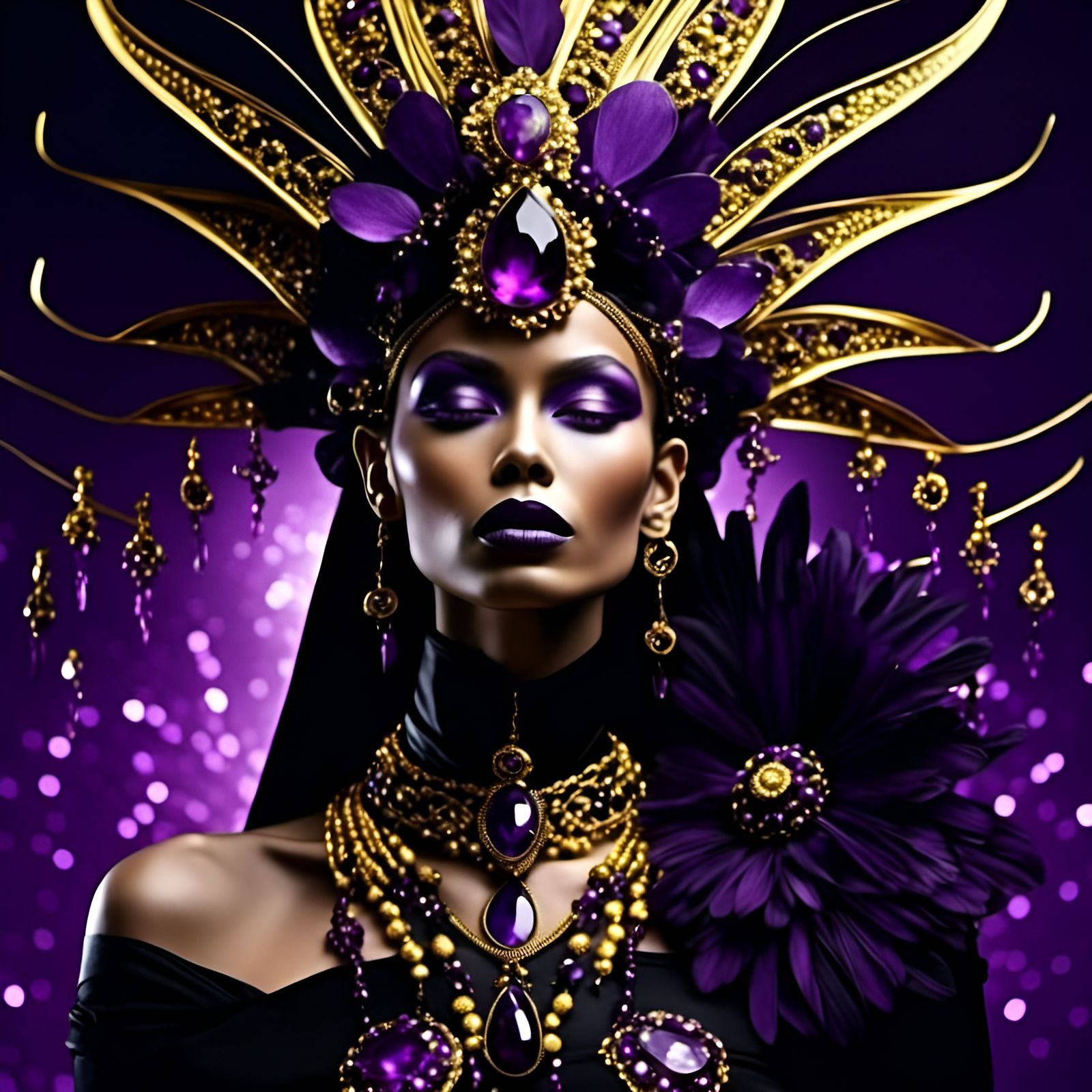 Golden Woman Portrait in Black, Purple, and Gold