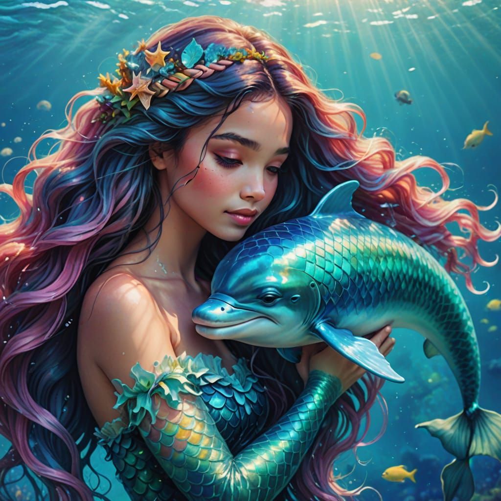 Whimsical Mermaid Portrait in Vibrant Watercolor Style