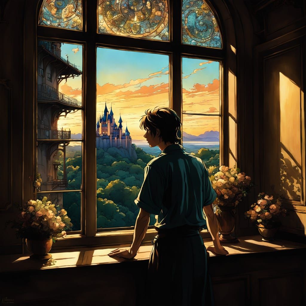Boy in Castle Window, Anime Chiaroscuro Style
