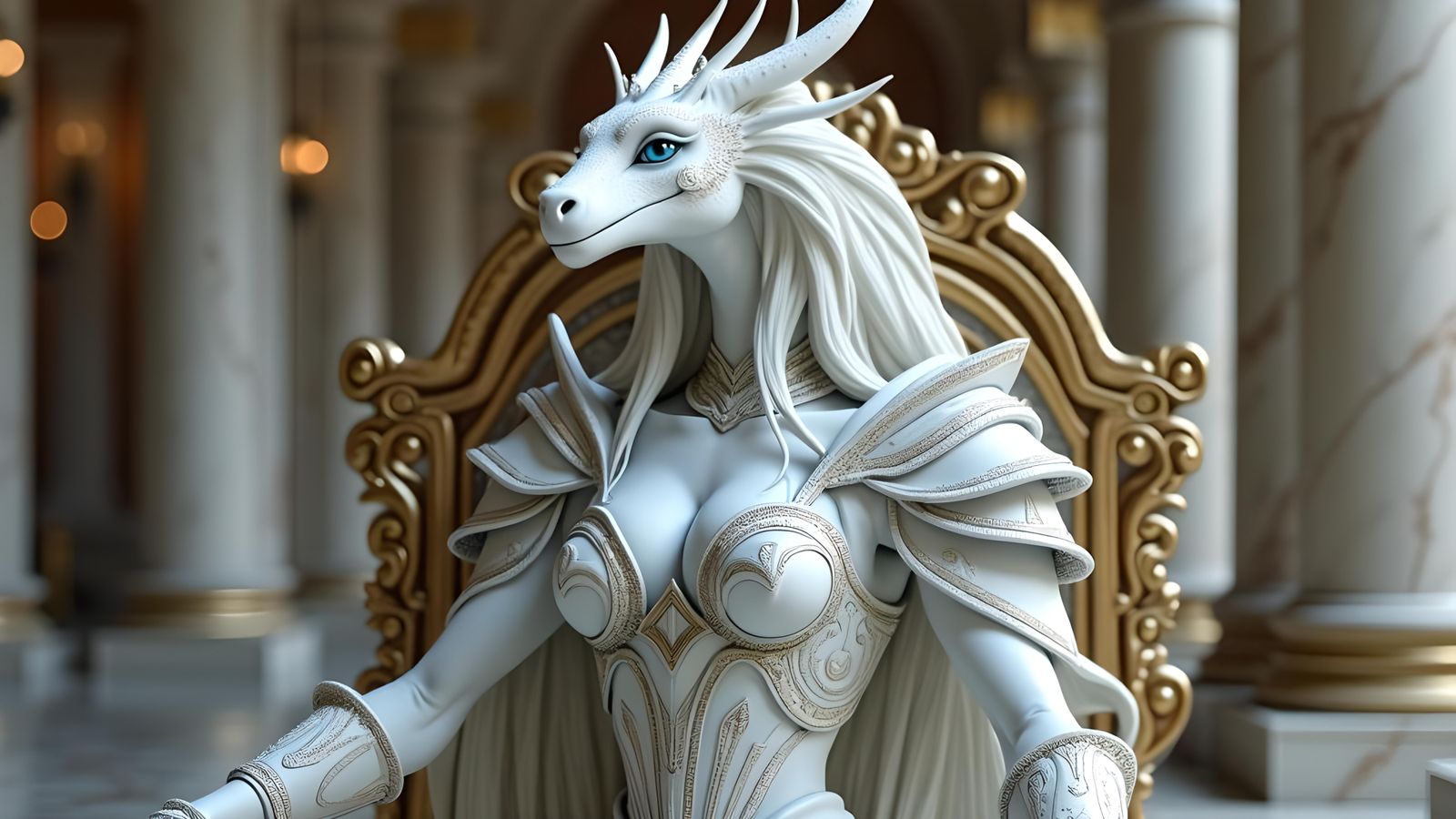 Beautiful anthropomorphic bipedal white female dragon with a...