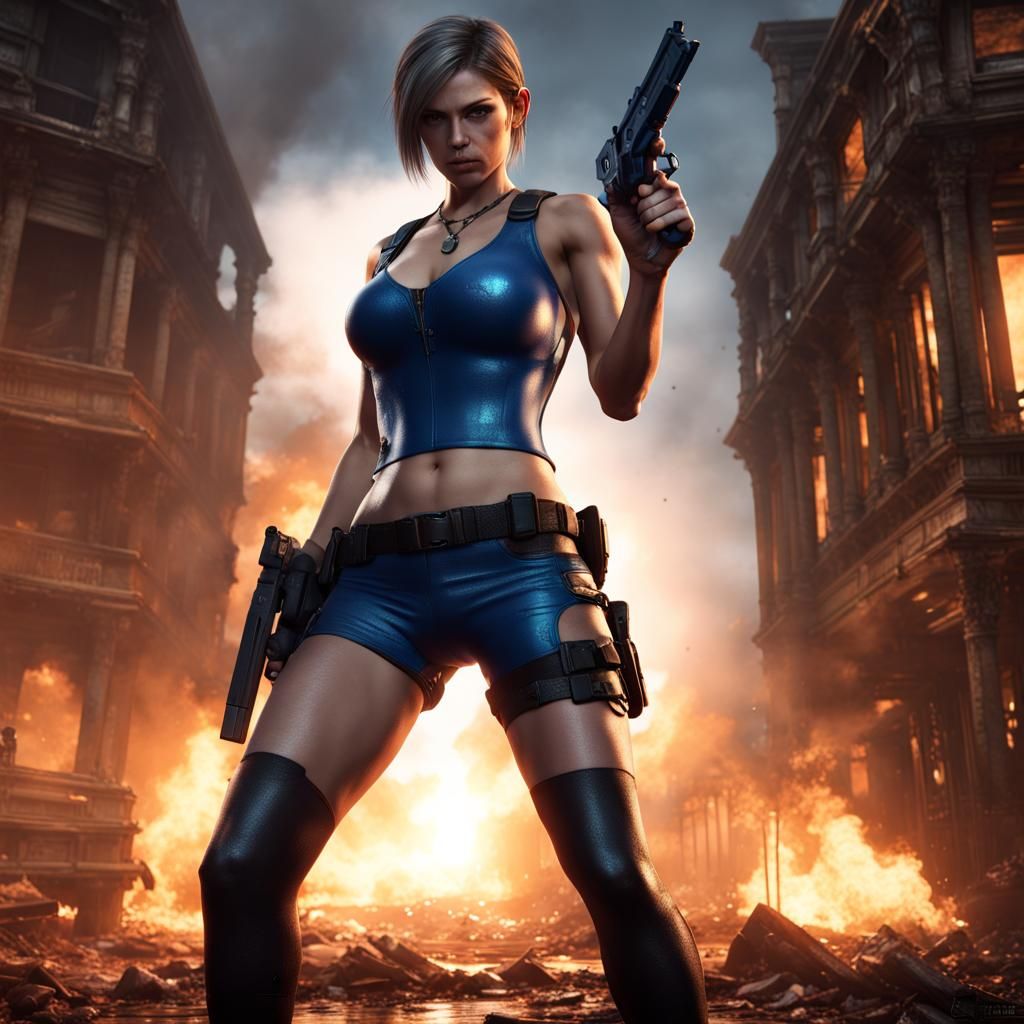 Jill Valentine in Burning City, Detailed Matte Painting