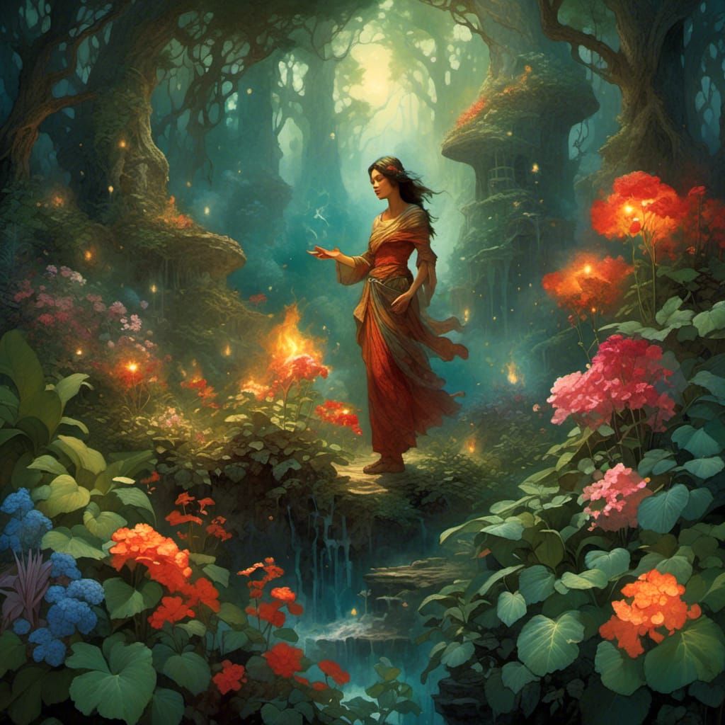 Indigenous Woman Tending Glowing Jungle Plants