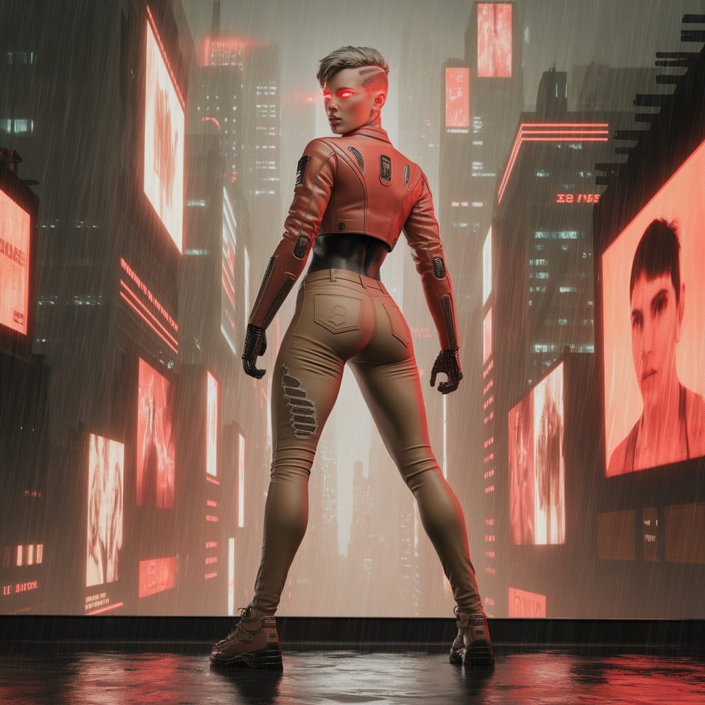 Cyberpunk Woman on Rooftop in Neon Cityscape